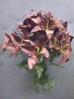 Tanday #(37319) 6 pcs Chocolate/Brown Realistic Looking Luxury Silk Casablanca Lily Flower Bush 24" w/ 14 flowers (7" wide).  Artificial Flowers  