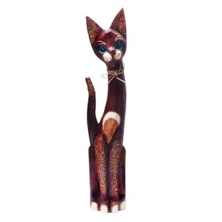 Hand Carved Wooden 'Bow Tie Cat' Statue (Indonesia) Statues & Sculptures