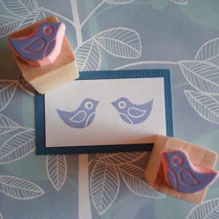 pair of mini birdies hand carved rubber stamps by skull and cross buns