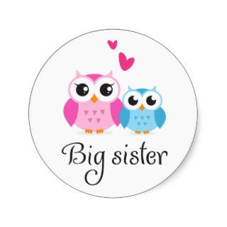 Cute owls big sister little brother cartoon round sticker
