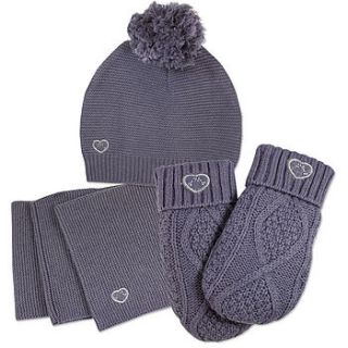 girls wool snood, beanie hat and mittens set by chateau de sable