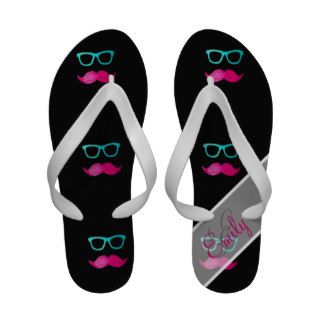 Monogram Funny Pink mustache teal hipster glasses Flip Flops