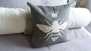 charcoal linen queen bee cushion by helkatdesign