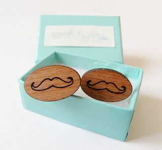 engraved wooden moustache cufflinks by sarah hurley designs