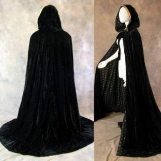 Artemisia Designs Lined Black Velvet Cloak with Gold Fleur De Lis Pattern Clothing