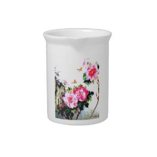 Peonies & Butterflies Chinese Watercolor Painting Drink Pitchers