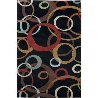 Hand knotted Circles Black Baume Wool Abstract Rug (5 X 8)