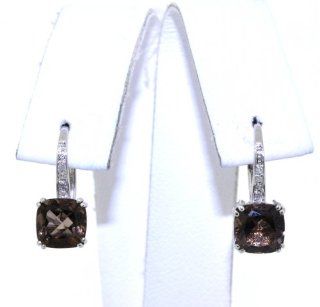 14K White Gold Diamond and Smokey Topaz Lever Back Earrings Jewelry