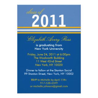 Trendy Blue Gold Stripe Graduation Invitations
