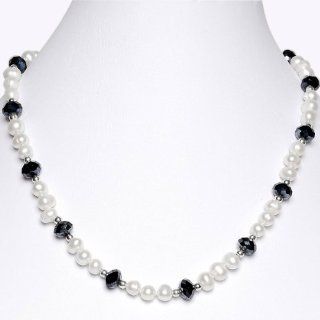 Topearl 17inch 6 7mm White Pearl and Black Crystal Necklace Jewelry