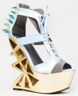 Privileged NOVICE Spike Hologram Lace Up Platform Cut Out Heel Less Wedge Sandal Shoes