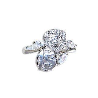 14k White Gold, Abstract Design 15 Anos Quinceanera Ring with Brilliant Lab Created Gems Jewelry