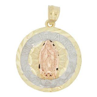 14k Tricolor Gold, Mis 15 Anos Quinceanera Virgin Mary Guadalupe Pendant Religious Charm Jewelry