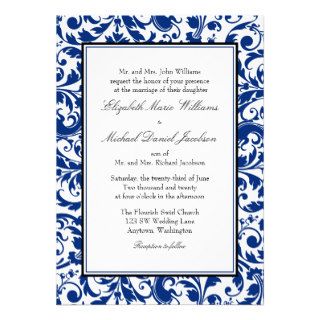 Navy Blue and Black Swirl Damask Wedding Personalized Invite