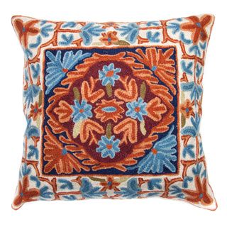 Chain Stitch Embroidery Orange Blue Kashmir Cushion Cover (India) Throw Pillows & Covers
