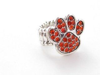 Paw Print Orange Crystals Silver Plated Fashion Stretch Ring Sports Accessory Store Jewelry