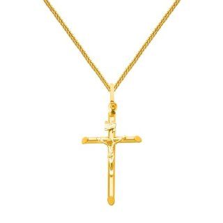 14K Yellow Gold Crucifix Cross Charm Pendant with Yellow Gold 1mm Braided Square Wheat Chain Necklace with Lobster Claw Clasp   Pendant Necklace Combination (Different Chain Lengths Available) The World Jewelry Center Jewelry