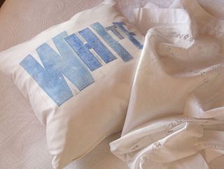 'white' wooden typography silk cushion by judy holme