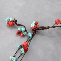 Cotton Rope Coral and Turquoise Stone Necklace (Thailand) Necklaces