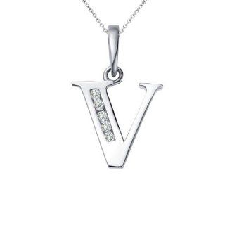 0.25 Carat Diamond Alphabet Letter "V" Initial Solitaire Pendant Necklace With 18" Chain 14K White Gold Jewelry