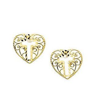 Childrens 14k Yellow Gold Filigree Heart and Cross Earrings Stud Earrings Jewelry