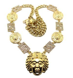 New Chris Brown Gold Medusa Pendant & Side Pieces w/10mm 36" Cuban Link Chain Necklace XC304G Jewelry