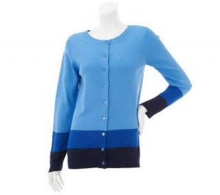 Denim & Co. Button Front Color Block Sweater Cardigan —