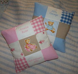 teddy bear name and date cushion by tuppenny house designs