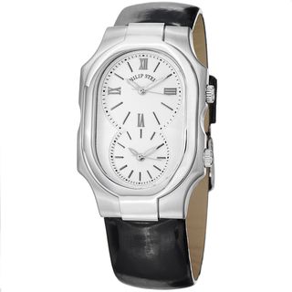 Philip Stein Women's 2 NCW LB 'Signature' White Dial Black Leather Strap Dual Time Watch Philip Stein Women's Philip Stein Watches