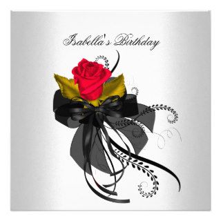 Birthday Party Black White Red Rose 2 Personalized Invites