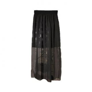 Aubig Women Ladies Double Layer Chiffon Pleated Retro Long Maxi Dress Skirt Black