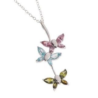 Jewelry For Trees Platinum Over Sterling Silver Butterfly Pendant   CZ Aqua & CZ Peridot & CZ Topaz on 18" Chain Jewelry