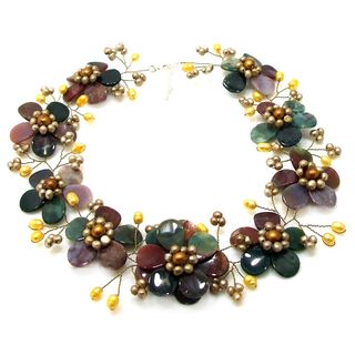 Sublime Floral Multicolor Jasper Gold Pearl Necklace (Thailand) Necklaces
