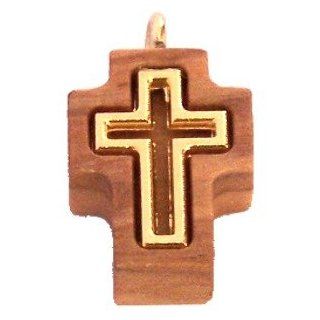 Olive wood Cross with Embedded gold plated Cross   Latin (1.7cm   0.67")   5mm thick Holylandmarket Jewelry