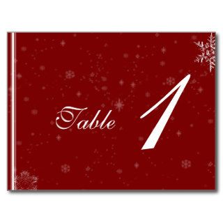 White Snowflakes on Cranberry Wedding Table Number Post Card