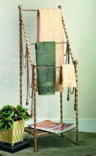 Antique Gold Twisted Iron Swag & Tassel Accent Towel Rack with Bottom Shelf   Free Standing Towel Racks