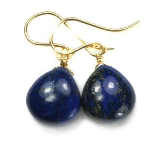14k Gold Filled Lapis Lazuli Earrings Smooth Heart Blue Teardrop Dangle Wire Wrapped Spyglass Designs Jewelry