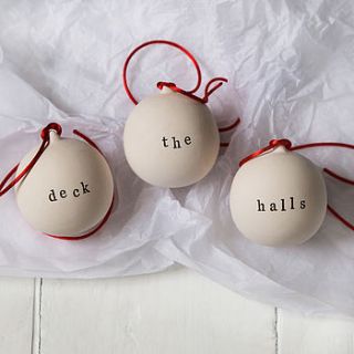 'deck the halls' ceramic christmas baubles by twenty seven