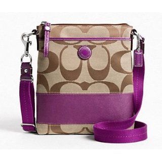 Coach Signature Stripe Swing Pack Khaki/ Purple 47720 Cross Body Handbags Shoes