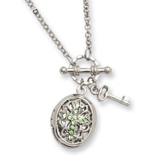 1928 Silver tone Light Green Crystal Cross Locket 24 Inch Necklace Jewelry