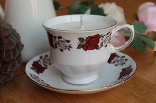 red and white roses vintage teacup candle by teacup candles