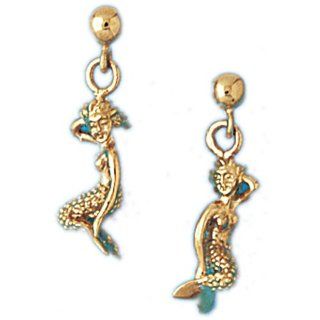 14K Yellow Gold Mermaid Earrings Jewelry