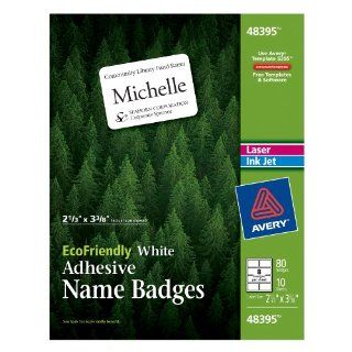 Avery EcoFriendly Name Badge Labels for Laser and Ink Jet Printers, 2.333 x 3.375 Inches, White, Permanent, Pack of 80 (48395)  Identification Badges 