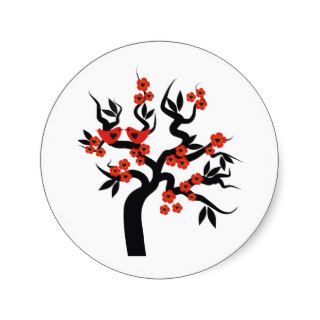 Red black Love birds sakura cherry tree & Blossoms Round Stickers