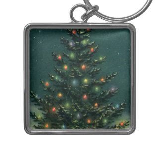 Vintage Christmas Tree at Night, Snowscape Keychain