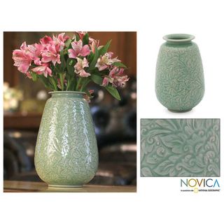 Celadon Ceramic 'Divine Profusion' Vase (Thailand) Novica Vases