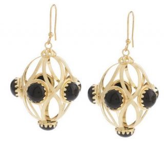 Small Satin Finish Caged Gemstone Dangle Earrings 14K Gold —