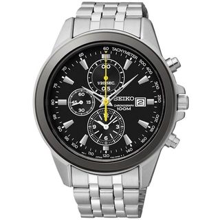 Seiko Men's Chronograph Black Dial Yellow Accent Stainless Steel Watch Seiko Men's Seiko Watches