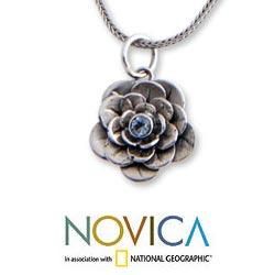 Sterling Silver 'Holy Lotus' Blue Topaz Flower Necklace (Indonesia) Novica Necklaces