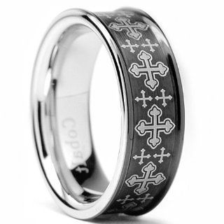 8MM Black Plated Men's Cobalt Chrome Ring Wedding Band with Laser Etched Cross Design Sizes 8 to 12 Jewelry